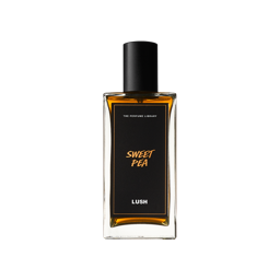 Sweet Pea. A rectangular, glass perfume bottle with a black cap is filled with translucent, dark-amber liquid. A black label reads 'Sweet Pea'.