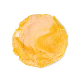 Swirl of Happiness. A neatly smudged swatch of coarse, thick, sugared body scrub. The product is a swirl of pale and deep caramel yellow with flecks of golden lustre throughout. 