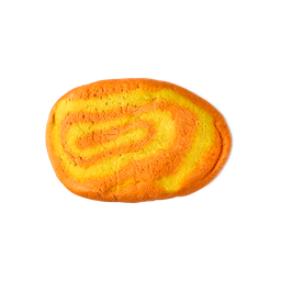 Swirly Pumpkin. An oval, swirl-patterned Lush bubble bar in vibrant shades of orange and bright yellow.