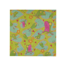Take the Leap. A square, lokta wrap with a green background depicting illustrations of roughly-drawn, cute frogs on lilypads surrounded by hearts and flowers.