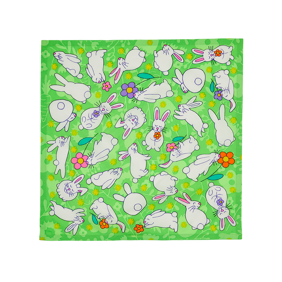 Take Time To Smell The Flowers. A square, green knot wrap covered in lots of happy white bunnies and flowers. 