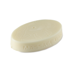 The Bump. An oval, thick solid massage bar. The words "Massage Bar" are embossed on the side. On the top is an embossed illustration of two hands reaching in towards a belly button with a pair or small baby feet.