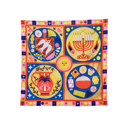 The The Eighth Flame Knot Wrap is a vibrant, square fabric with four motifs on a royal blue background and a metallic gold border. Motifs include a menorah, a dove, an oil pitcher, and various gifts and candles.