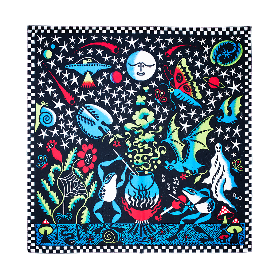 The Gathering. An abstract knot wrap with a checkered border, depicting two frogs around a cauldron with extravagant details.