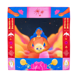 The Light Within Us Knot Wrap, traditional Diwali imagery and symbols decorated in pinks, blues and yellows.