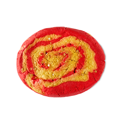 The Magic of Christmas. A classic, squashed oval-shaped bubble bar swirled with a deep red and golden yellow spiral. Small golden stars are sprinkled on top. 