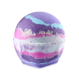 The image shows a spherical bath bomb with a geometric base, marbled with vibrant purple, light blue, pink, and white bands. It has a shimmery silver lustre coating.