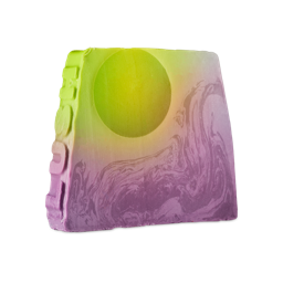 To The Moon and Back. An off-square slice of soap with a sunset-inspired design. The top features a lime green circle, resembling a sun, which gradients into a swirling, marbled purple base. The word "LUSH" is embossed vertically down the side.