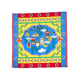 The Night Before Eid. A vibrant square fabric Knot Wrap with an ornate, multi-layered border in red, yellow, and blue. The centre features hanging lanterns, yellow stars, and a crescent moon against a blue sky with white clouds and green vines.