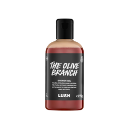 A bottle filled with vibrant orange Lush The Olive Branch shower gel, featuring a black label with white text.