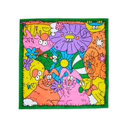 The Picnic. This knot wrap, bordered by green grass, depicts colourful characters on a bright summer day.