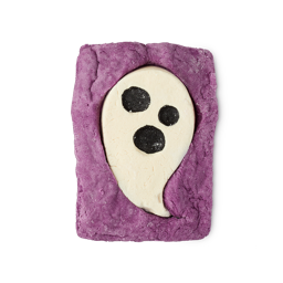The Scream. A fun, Halloween-themed bubble bar. It has a rectangular, purple base with a classic, upsidedown-teardrop-shaped white ghost complete with black eyes and a wide mouth. 