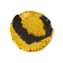 Thud Of The Dozy Bumblebee.  A circular swatch of bright, mustard yellow textured cleanser with a large, textured swirl of dark charcoal grey through the centre.
