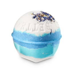 This Too Shall Pass. A spherical bath bomb with white, light blue, and bright cyan blue layers, topped with dried blue cornflower petals. The words "Bathe to feel better" are embossed around the edge.
