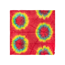 A square Lokta Wrap with red, green and yellow tie-dyed designs all over. 