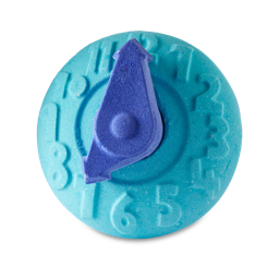 Time To Relax. A light-blue, round bath bomb with a clock face embossed. The clock hands are a dark blue. 