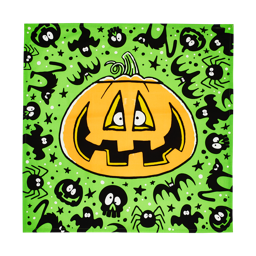 Trick or Treat! A square fabric knot wrap featuring a big, smiling pumpkin face in the centre, surrounded by black cats, bats and ghouls on a neon- green base.