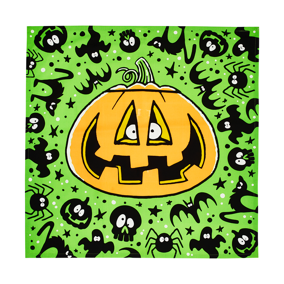 Trick or Treat! A big, smiling pumpkin face sits in the centre, surrounded by black cats, bats and ghouls on a neon- green base.