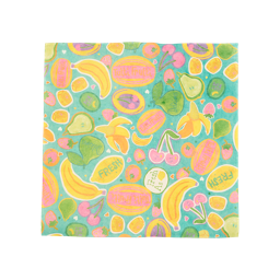 The Tutti Frutti Lokta Paper is a square sheet with a teal background patterned with yellow bananas, green pears, pink cherries, and melons. Words like "FRESH" and "Delicious" adorn the colourful illustrations.