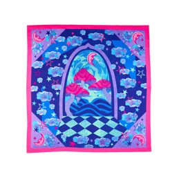 Twilight. A square, fabric knot wrap with a colourful, fantastical design with pink, blue, and purple mushrooms, clouds, moons and stars surrounded by a vibrant pink border.