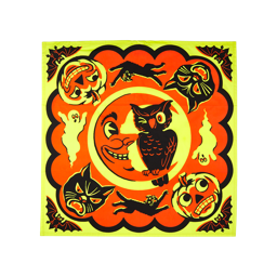 Twit Too Hello Moon. A square, fabric knot wrap. It has a base colour of bright yellow and orange. There is a black bat in each corner, while cat and pumpkin illustrations surround a central depiction of an own sitting on a crescent moon. 
