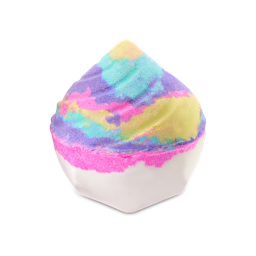 The Unicorn Poop Bath Bomb features a playful, swirl-like shape against a solid black background. The base of the bath bomb is white with a vibrant pink stripe, while the top portion is a mesmerizing mix of pastel blue, yellow, purple, and pink hues.