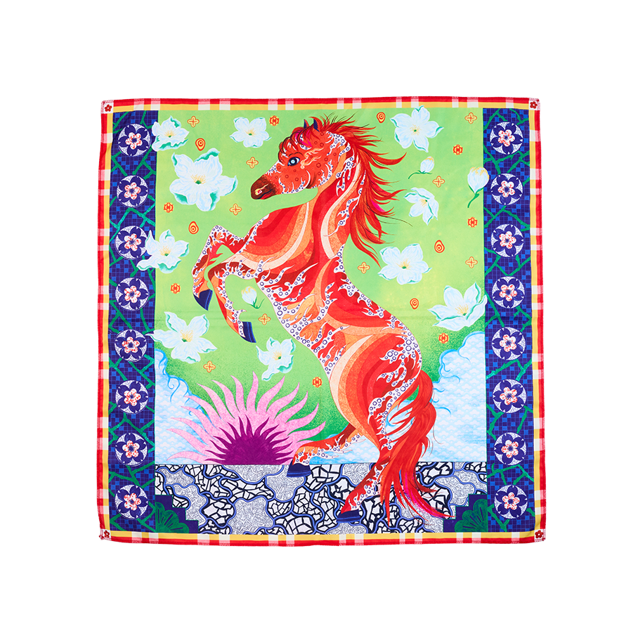 The Untamed Flame Knot Wrap features a vibrant illustration of a rearing red horse with intricate wave patterns, set against a bright green background adorned with white flowers and blue geometric borders.