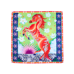 The Untamed Flame Knot Wrap features a vibrant illustration of a rearing red horse with intricate wave patterns, set against a bright green background adorned with white flowers and blue geometric borders.