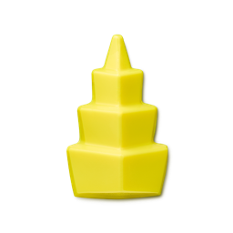 Uplifting. A bright yellow, smooth shower gummy is sculpted into a tiered, geometric tower shape. It features three stacked block sections that narrow towards a pointed, conical peak at the top.