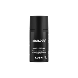 Vanillary. A short, cylindrical black push-up tube of the Vanillary solid perfume with a black label on the front covering the cap, with the product name and scent printed on it. 