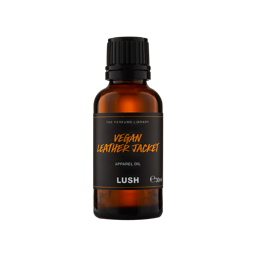 Vegan Leather jacket. The image shows the Vegan Leather Jacket apparel oil packaging. A small, essential oil-style, brown, glass bottle with a black, twist cap. A black label around the middle with the product name in bronze letters.