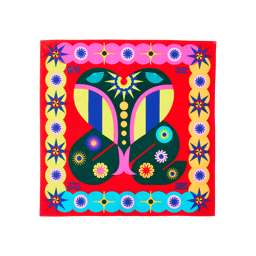 Vibrant Viper. A square, fabric, knot wrap. The design shows a vibrant, block-coloured viper snake shape, complete with a flattened nack to form a hood and forked pink tongue. There is a colourful border and is on a red background. 