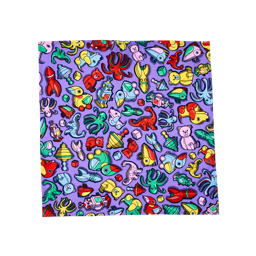 Vintage Toys. A square, fabric knot wrap with a purple background and a collage of vibrantly-coloured retro childhood toys, including rockets, spinning tops, teddy bears, wooden ducks, dice, wind-up toys and more. 