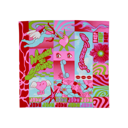 Wanna Be Yours. A Square, fabric knot wrap. The pattern is pink, blue and red with pops of green depicting retro, Valentine's Day-themed illustrations including cupid, hearts, flowers and lips. 