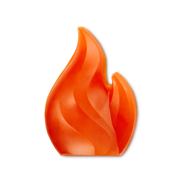 Warming shower gummy. A smooth, vibrant orange shower gummy is sculpted into the shape of a flickering fire flame. The translucent structure features elegant, curved ridges that mimic a burning fire.