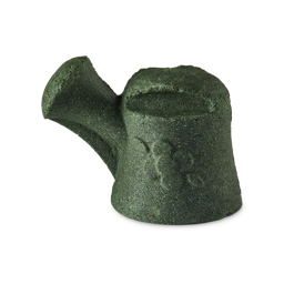 Wash And Grow. A deep, leaf-green bubble bar in the shape of a watering can with a flower embossed on the side. 