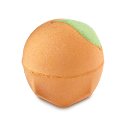 A spherical, bright orange Peachy Bath Bomb with a small green leaf detail at the top, set against a solid black background.