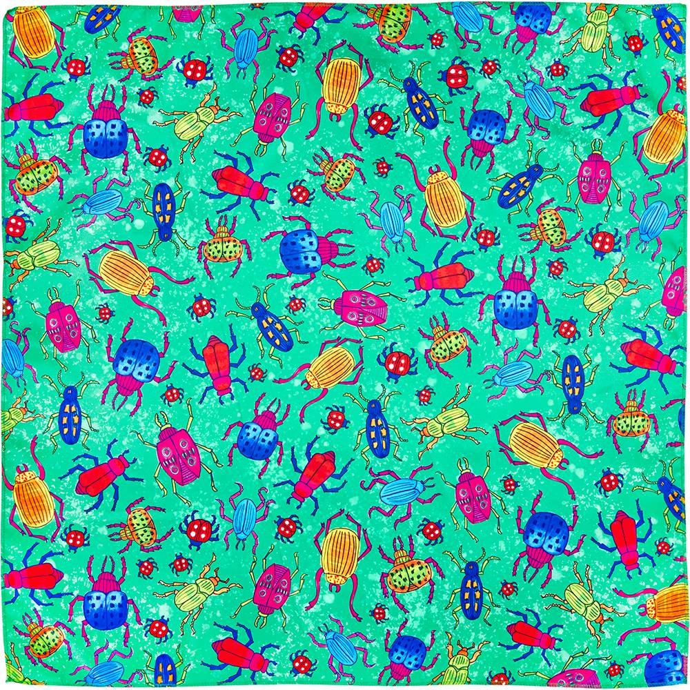 Bugs Knot Wrap, a scattered pattern of different types of bugs and beetles on a green background. 