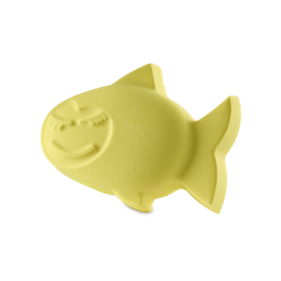 What Do You Call A Fish With No Eyes? A bright bath bomb shaped like a typical fish. It is a bright yellow colour and has an embossed smile and eyelashes on closed eyes. 