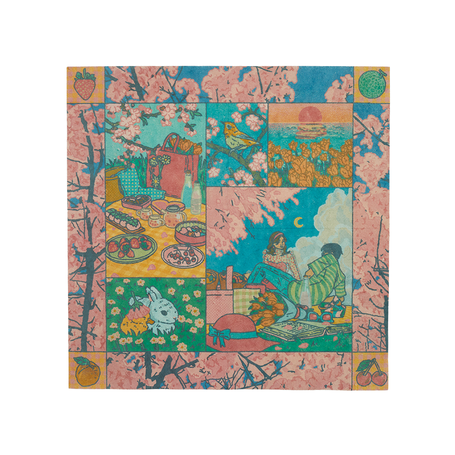 When They Bloom. A Korean-art inprired, Spring themes Lokta wrap that shows flowers, fruits, picnics and birds. 