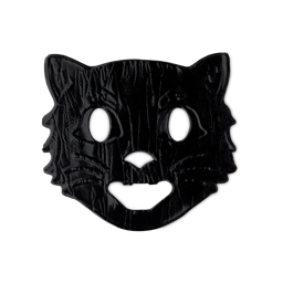 Witch's Cat sheet mask. A black, cat-head-shaped, gelatinous sheet mask with pointed ears and textured edges. It features cut-outs for eyes, nose and mouth.