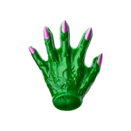 Witch's Hand. A bright green, textured shower gummy shaped like a witch's hand with five splayed fingers. The long, pointed fingernails are painted a vibrant metallic pink.