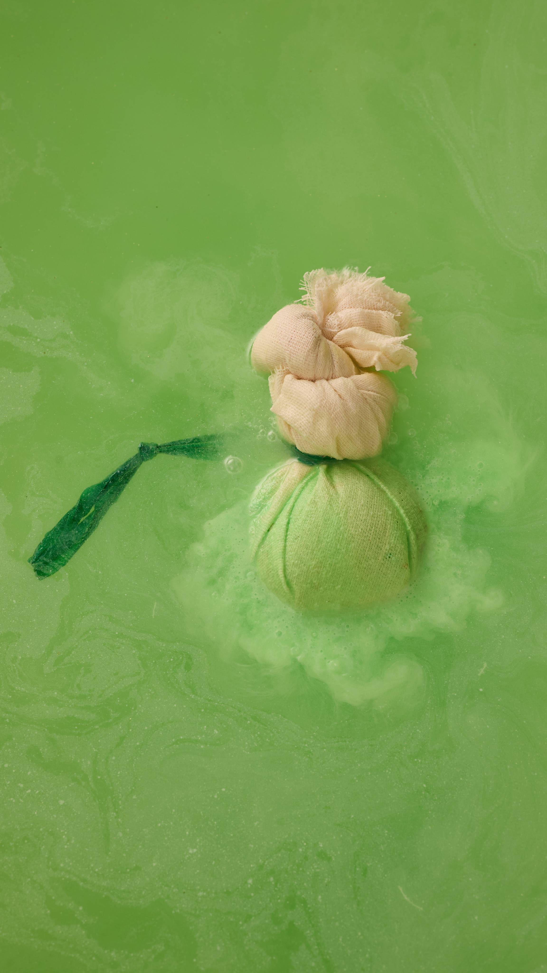 The Woodstock bath bomb is sitting in the bath as we see the deep green from the bath bomb inside the muslin seeps out into the water turning it into a sea of forest green.