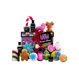 A Lush "WOW Santa's Disco" gift box tied with a red ribbon, displayed with an assortment of nineteen festive cosmetics including shower gels, body scrubs, soap, and bath products shaped like Santa, reindeer, and snowflakes.