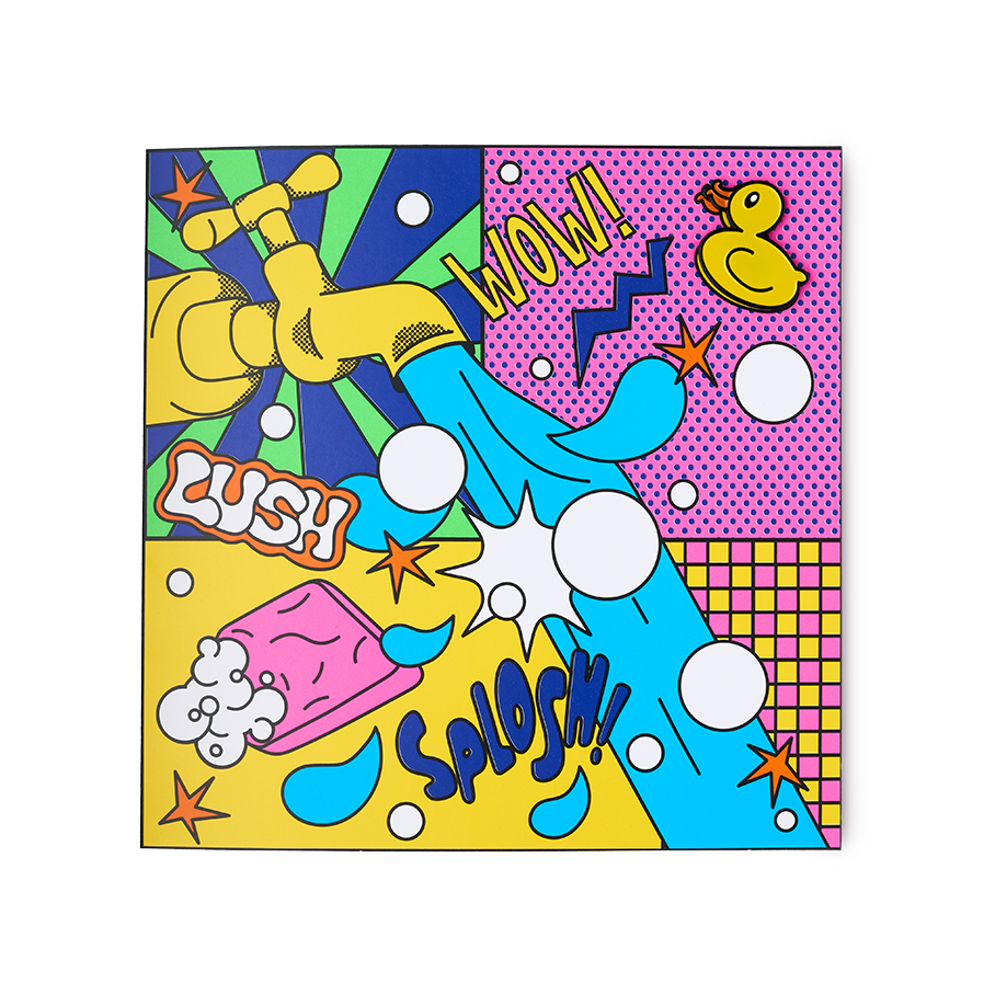 WOW. A square greetings card with a vibrant pop art styled design featured a tap with gushing water, foaming soap, bubbles and a removable enamel pin in the shape of a rubber duck. 