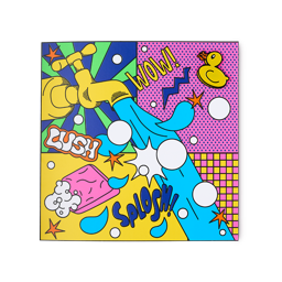 WOW. A square greetings card with a vibrant pop art styled design featured a tap with gushing water, foaming soap, bubbles and a removable enamel pin in the shape of a rubber duck. 