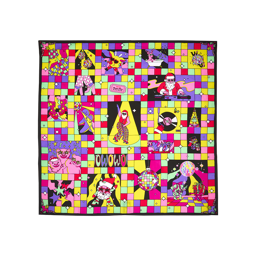 WOW - Santa's Disco. A square Lush fabric Knot Wrap with a colourful, festive disco design featuring DJing Santas, disco balls, and dancing characters on a checkered grid background