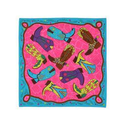 Yeehaw! A square, fabric knot wrap. The border is blue with flowers and vines, and there is a rope around the edge. The central design has a pink background with multiple detailed, differently designed cowboy boots. 