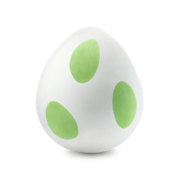 The Yoshi Egg a white egg-shaped bath bomb with three lime-green oval spots. 