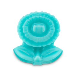 A teal, flower-shaped soap with two leaves at the base, centered on a black background. Designed as a surprise insert for a Yoshi egg bath bomb